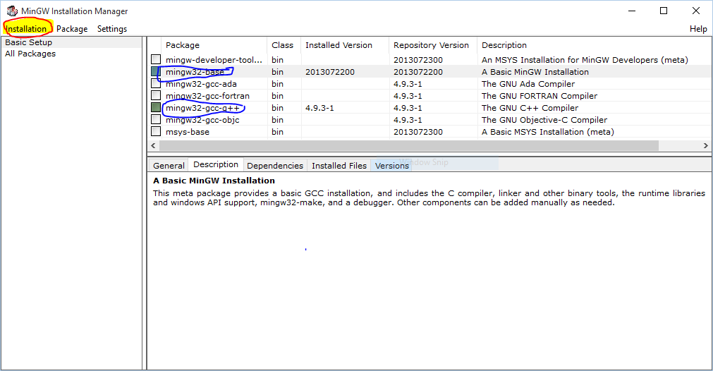 Select mingw32-base and mingw32-gcc-g++